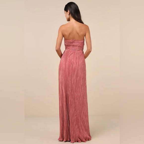 Lulus Desme Rose Pink Satin Plisse Strapless Maxi Dress M NWT - Picture 3 of 6